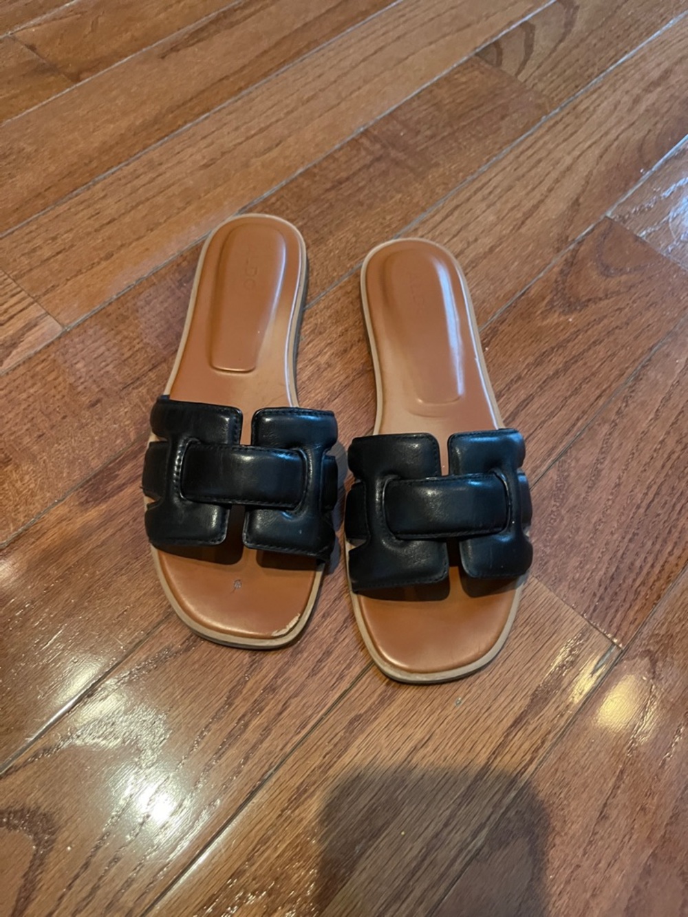 Aldo Black Leather Slide Mules with Tan Insole